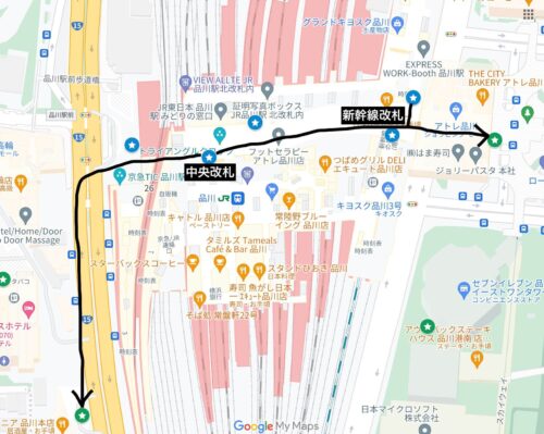 品川駅中央改札、新幹線改札から、高輪口タクシー乗り場、港南口タクシー乗り場までの徒歩ルート